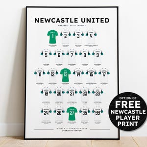 May include: A black and white poster with a green and white soccer jersey design. The poster features the text "NEWCASTLE UNITED" and "WOMEN'S CHAMPIONSHIP 2024/2025 SEASON".