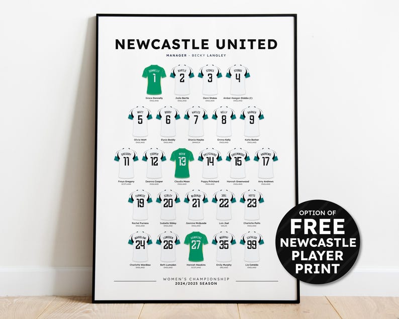 May include: A black and white poster with a green and white soccer jersey design. The poster features the text "NEWCASTLE UNITED" and "WOMEN'S CHAMPIONSHIP 2024/2025 SEASON".