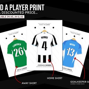 May include: Player prints featuring Newcastle United jerseys. The image shows a green away shirt, a black and white home shirt, and a blue goalkeeper shirt. Text includes "Add a Player Print" and player names.
