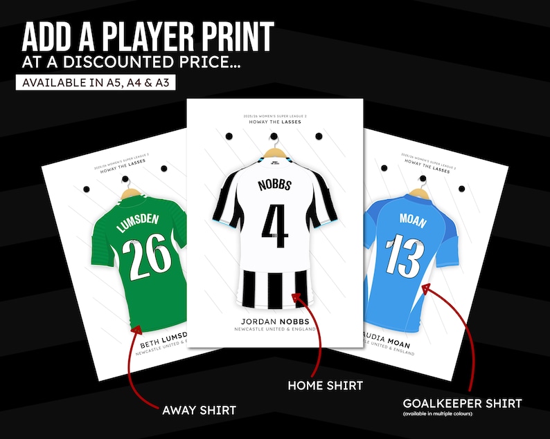 May include: Player prints featuring Newcastle United jerseys. The image shows a green away shirt, a black and white home shirt, and a blue goalkeeper shirt. Text includes "Add a Player Print" and player names.