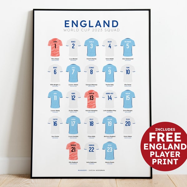 England Women's World Cup 2023 Squad Print - Lionesses Shirt Poster Art + FREE England Women's Player Print Personalised - FREE UK Delivery