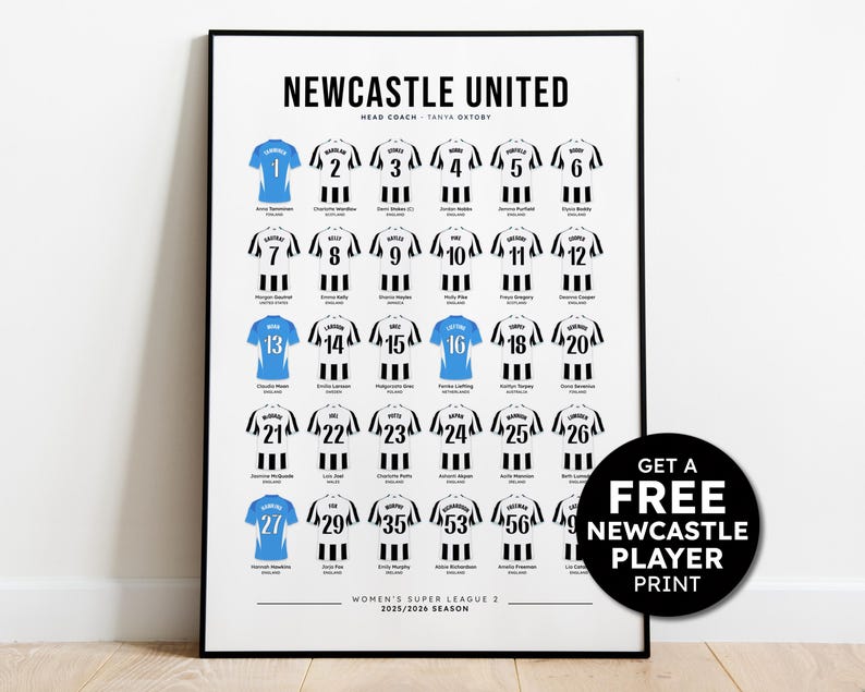May include: A framed print featuring a Newcastle United team roster for the Women's Super League 2, 2025/2026 season. The poster displays player jerseys in black and white, with some in blue. The text "NEWCASTLE UNITED" is at the top, with a promotional offer for a free print.