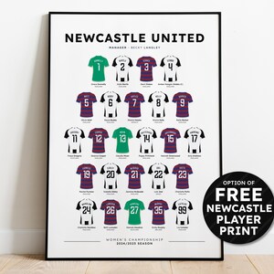 May include: A white and black poster with the text "Newcastle United" and a grid of soccer jerseys with numbers 1-99. The poster also includes the text "Women's Championship 2024/2025 Season".
