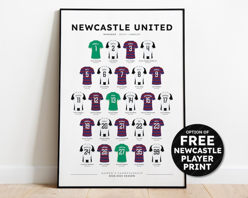 May include: A white and black poster with the text "Newcastle United" and a grid of soccer jerseys with numbers 1-99. The poster also includes the text "Women's Championship 2024/2025 Season".