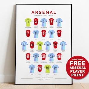 Arsenal Women Football WSL 2024-25 Squad Print - Women&#39;s Football Shirt Poster Art + choice of Arsenal Women’s Player Print