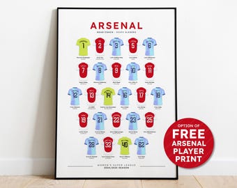 Arsenal Women Football WSL 2024-25 Squad Print - Women's Football Shirt Poster Art + choice of Arsenal Women’s Player Print