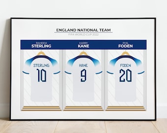 England World Cup 2022 Dressing Room Player Print - Personalised Shirt Poster Art - England Football Team - Free UK Delivery