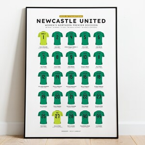 Pu&ograve; includere: Un poster verde e nero con il testo "Newcastle United" e la formazione della squadra per la stagione 2023-24. Il poster mostra i numeri di maglia e i nomi dei giocatori.