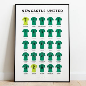 Newcastle Women's 2023-24 Squad Print Shirt Poster Art FREE Newcastle Women's Player Print Personalised Art FREE UK Delivery Away Shirts Only