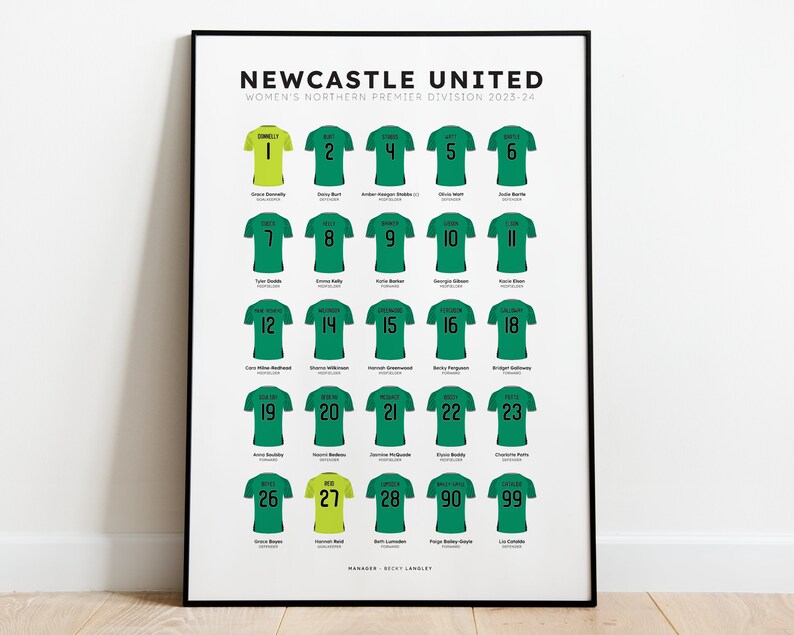 Newcastle Women's 2023-24 Squad Print Shirt Poster Art FREE Newcastle Women's Player Print Personalised Art FREE UK Delivery Away Shirts Only