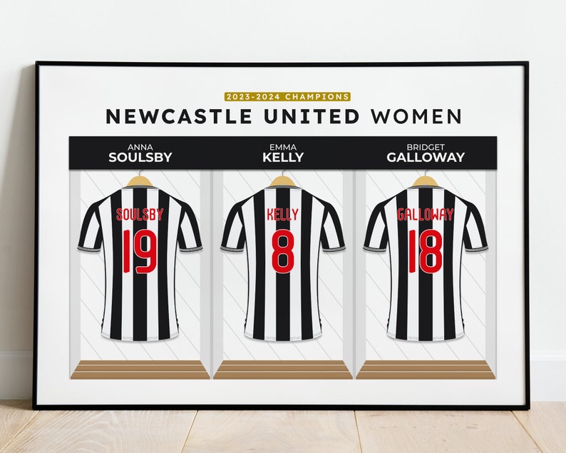 May include: A black and white striped soccer jersey with the name "SOULSBY" and the number "19" on the back.  The jersey is hanging on a hanger in a locker room.  The text "2023-2024 CHAMPIONS NEWCASTLE UNITED WOMEN" is at the top of the image.