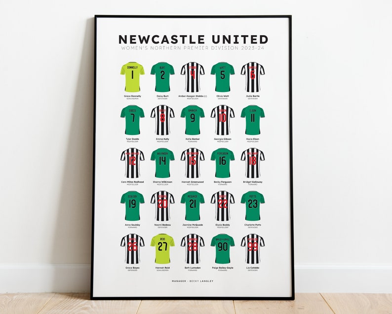 Newcastle Women's 2023-24 Squad Print Shirt Poster Art FREE Newcastle Women's Player Print Personalised Art FREE UK Delivery Home and Away Mix