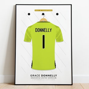 Pu&ograve; includere: Una maglia da calcio verde con bordi neri e il nome "DONNELLY" e il numero "1" sul retro. Il testo "GRACE DONNELLY" e "NEWCASTLE UNITED WOMEN #1" &egrave; sotto la maglia. Il testo "17 APPEARANCES & 11 CLEAN SHEETS" &egrave; sotto il nome.
