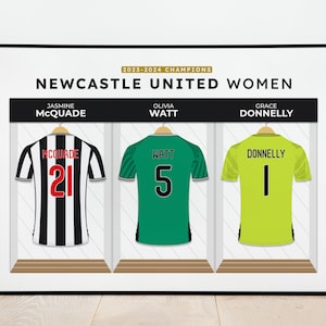 May include: A poster featuring three soccer jerseys with the names and numbers of players from the Newcastle United Women's team. The jerseys are black and white, green, and yellow.