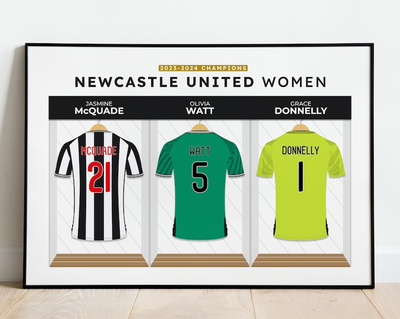 May include: A poster featuring three soccer jerseys with the names and numbers of players from the Newcastle United Women's team. The jerseys are black and white, green, and yellow.