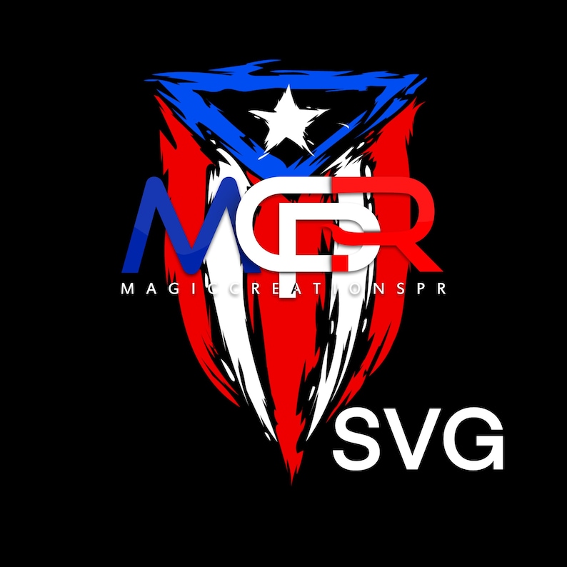 May include: A red, white, and blue graphic design with the text "MCR" and "MAGIC CREATIONS PR" in white. The graphic is in the shape of a shield with a star in the center. The text "SVG" is below the shield.