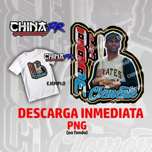 May include: A digital download of a baseball-themed graphic featuring a portrait of Roberto Clemente, a former Major League Baseball player. The graphic includes the text "2003" and "Clemente" in a colourful, stylised font.