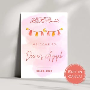 Editable Printable Aqiqah Welcome Sign Digital Canva Template Muslim Islam Event Pink Baby Girl