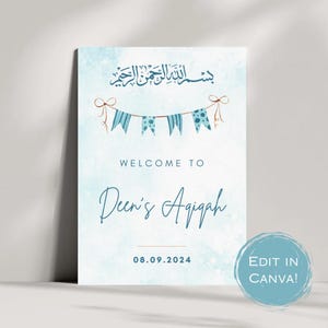 Editable Printable Aqiqah Welcome Sign Digital Canva Template Muslim Islam Event Blue Baby Boy