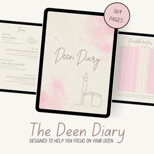 Könnte beinhalten: Ein digitaler Planer mit einem rosa Aquarellhintergrund und einer Strichzeichnung einer Moschee. Der Planer trägt den Titel "Deen Diary" und hat 369 Seiten. Der Text "Entworfen, um Ihnen zu helfen, sich auf Ihr Deen zu konzentrieren" befindet sich am unteren Rand des Bildes.