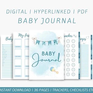 May include: A digital baby journal with a blue watercolor background and a banner with flags. The journal includes pages for tracking feedings, sleep, and other baby milestones. The text "BABY JOURNAL" is written in a cursive font. The journal is available for instant download and includes 36 pages.