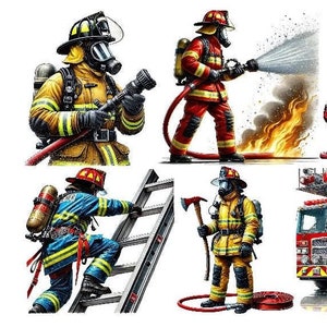 Könnte beinhalten: Ein Set mit sechs Illustrationen, die Feuerwehrleute in verschiedenen Posen zeigen. Ein Feuerwehrmann hält einen Schlauch und spritzt Wasser auf ein Feuer. Ein anderer Feuerwehrmann klettert eine Leiter hinauf. Ein dritter Feuerwehrmann hält eine Axt. Die restlichen Feuerwehrleute stehen mit Schläuchen und anderer Ausrüstung. Die Illustrationen sind im Cartoon-Stil gehalten und vor einem weißen Hintergrund angeordnet.