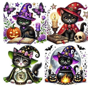 Könnte beinhalten: Sechs Illustrationen von schwarzen Katzen, die als Hexen mit lila und schwarzen Hüten, Umhängen und Schleifen verkleidet sind. Jede Katze hält ein anderes Halloween-Motiv in der Hand, darunter ein Buch, ein Kessel, ein Schädel, ein Kürbis, eine Kristallkugel und eine Zaubertrankflasche.