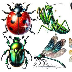 Könnte beinhalten: Eine Sammlung von sechs bunten Insekten mit Glitzerakzenten. Die Insekten umfassen einen Marienkäfer, eine Gottesanbeterin, einen Schmetterling, eine Libelle, einen Käfer und eine Biene.