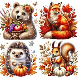 Könnte beinhalten: Sechs Herbst-Illustrationen mit einem Eichhörnchen, einem Igel, einem Fuchs, einem Bären und einem Streifenhörnchen. Jedes Tier ist von Herbstlaub umgeben, darunter Blätter, Eicheln und Beeren. Die Illustrationen sind im Cartoon-Stil gehalten und haben einen verspielten Charakter.