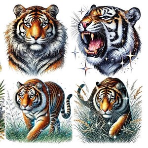 Könnte beinhalten: Sechs digitale Illustrationen von Tigern in verschiedenen Posen. Die Tiger sind in einem realistischen Stil mit detailliertem Fell und Markierungen dargestellt. Einige der Tiger sind von funkelnden Sternen und Blättern umgeben.