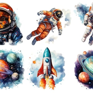 Könnte beinhalten: Ein Set mit Aquarell-Illustrationen, die Astronauten, Raumschiffe, Planeten und Raketen zeigen. Die Illustrationen sind im skurrilen Stil mit leuchtenden Farben und einem sternenübersäten Hintergrund gehalten.