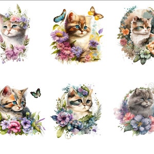 Könnte beinhalten: Ein Set mit acht digitalen Illustrationen, die niedliche Kätzchen zeigen, die von bunten Blumen und Schmetterlingen umgeben sind. Jedes Kätzchen ist in einer anderen Pose und mit einzigartigen Blumenarrangements dargestellt.