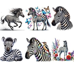 Könnte beinhalten: Ein Set mit sechs digitalen Bildern, die schwarz-weiße Zebras mit verschiedenen Hintergründen zeigen. Die Bilder beinhalten ein Zebra mit Schmetterlingen, ein Zebra mit Blumen, ein Zebra mit einem Vogel und ein Zebrafohlen.