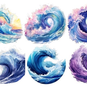 Könnte beinhalten: Sechs Aquarelle von Ozeanwellen in verschiedenen Blautönen, Lila und Rosa. Die Wellen brechen und zerfallen und erzeugen eine dynamische und energiegeladene Szene.