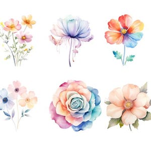 Könnte beinhalten: Ein Set mit sechs Aquarell-Illustrationen von Blumen in verschiedenen Farben, darunter Rosa, Blau, Gelb, Orange und Rot. Die Blumen sind in einem realistischen Stil gemalt und haben ein zartes, verspieltes Aussehen.