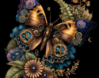 Bügelbild Bügelmotiv Steampunk Schmetterling Blumen Mädchen verschiedene Größen