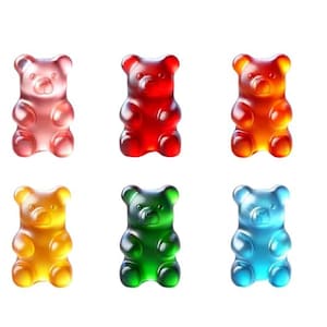 Könnte beinhalten: Sechs farbige Gummibärchen in Rosa, Rot, Orange, Gelb, Grün und Blau. Jedes Bärchen ist durchscheinend und hat die klassische Gummibärchenform mit sichtbaren Details wie Ohren und rundem Bauch. Auf weißem Hintergrund angeordnet.