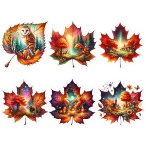 Könnte beinhalten: Sechs farbenfrohe Ahornblatt-Designs mit herbstlichen Illustrationen. Jedes Blatt zeigt eine einzigartige Landschaft, darunter eine Eule, ein Reh und gemütliche Hütten, alles vor dem Hintergrund von leuchtendem Herbstlaub. Die Blätter sind in Rot-, Orange- und Gelbtönen gehalten.