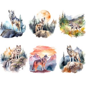 Könnte beinhalten: Sechs Aquarellbilder von Wölfen, die in verschiedenen Landschaften heulen. Die Wölfe sind in verschiedenen Posen und Umgebungen dargestellt, darunter ein mondbeschienener Wald, ein Sonnenuntergangshimmel und ein Wasserfall.