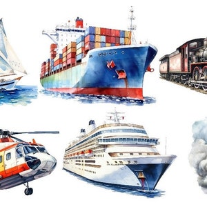 Könnte beinhalten: Eine Aquarell-Illustration verschiedener Transportmittel, darunter ein Segelboot, ein Frachtschiff, ein Zug, ein Hubschrauber, ein Kreuzfahrtschiff und ein Raumschiff. Die Illustration ist vor einem weißen Hintergrund angeordnet.