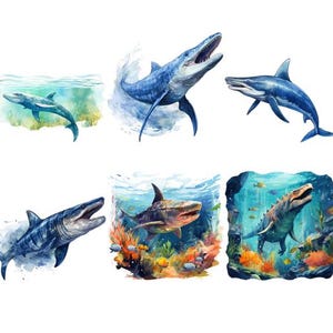 Könnte beinhalten: Eine Aquarellillustration von sechs prähistorischen Meerestieren. Die Illustration zeigt eine Vielzahl von Meerestieren, darunter einen großen, blauen, prähistorischen Hai, einen kleineren, blauen, prähistorischen Hai, einen großen, blauen, prähistorischen Fisch, einen kleineren, blauen, prähistorischen Fisch, einen großen, braunen, prähistorischen Fisch und ein großes, braunes, prähistorisches Seeungeheuer.