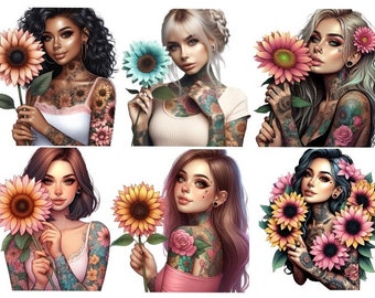 Bügelbild Bügelmotiv Tattoo Girl Blumen Sonnenblume Mädchen verschiedene Größen