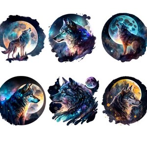 Könnte beinhalten: Sechs kreisförmige Designs mit einem Wolf, der zum Mond heult. Jedes Design hat ein anderes Farbschema und zeigt einen Galaxie-Hintergrund mit Sternen und einem Mond.