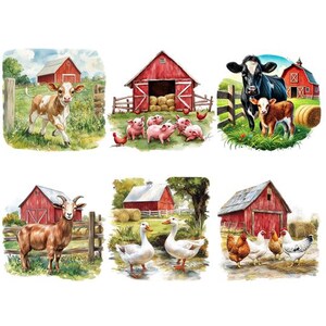 Könnte beinhalten: Ein Satz von sechs Illustrationen mit Nutztieren und roten Scheunen. Die Illustrationen zeigen ein Kalb, eine Ziege, eine Kuh mit einem Kalb, Schweine, Enten und Hühner.