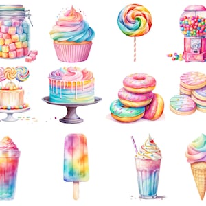 Könnte beinhalten: Aquarellillustration verschiedener Süßigkeiten, darunter ein Cupcake mit blauem und rosa Zuckerguss, ein Wirbellutscher, ein Kaugummiautomat, ein Kuchen mit Regenbogen-Zuckerguss, Donuts, Kekse, ein Eis am Stiel, ein Milchshake und eine Eistüte.