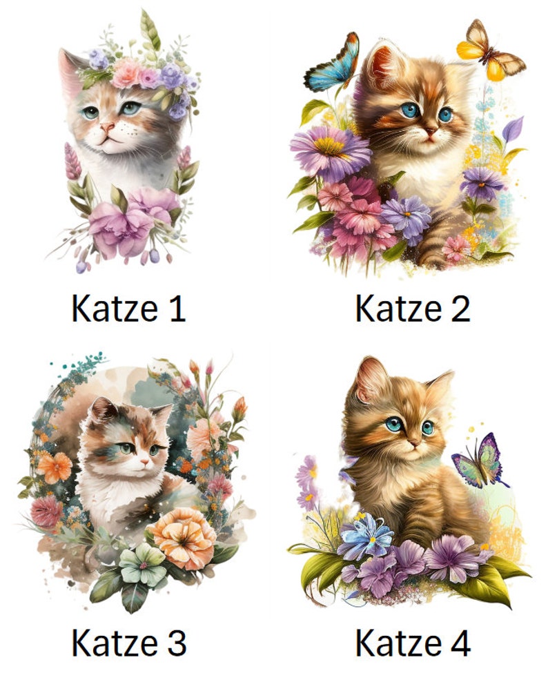 Bügelbild Bügelmotiv Katze Kitten Cat Blumen Schmetterlinge Junge Mädchen verschiedene Größen Bild 2