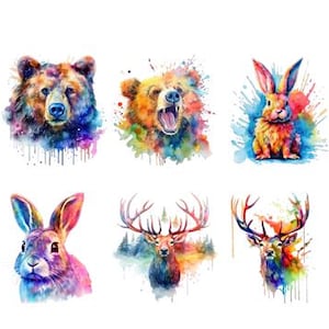 Könnte beinhalten: Sechs Aquarellbilder von Tieren. Die Tiere sind ein Bär, ein Kaninchen und ein Hirsch. Die Bilder sind farbenfroh und abstrakt.