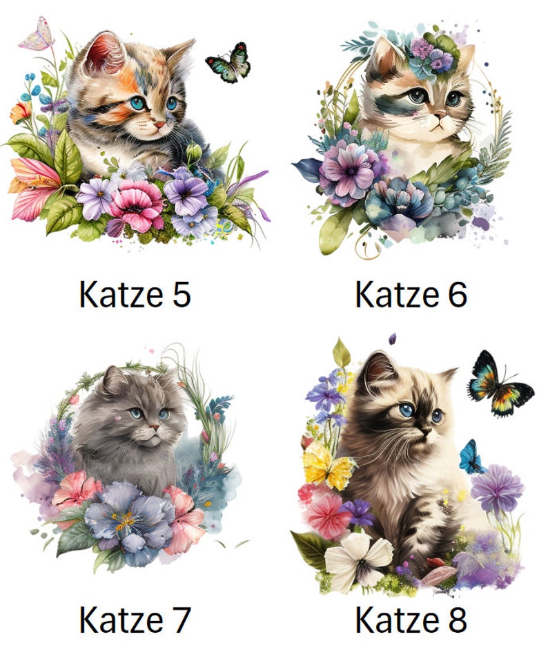 Bügelbild Bügelmotiv Katze Kitten Cat Blumen Schmetterlinge Junge Mädchen verschiedene Größen Bild 3