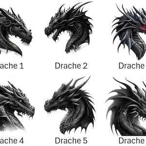 Könnte beinhalten: Sechs schwarz-weiße Drachenkopf-Illustrationen mit dem Text "Drache 1" bis "Drache 6" unter jedem Bild.