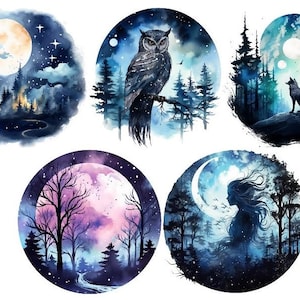 Könnte beinhalten: Aquarellillustrationen von Nachtszenen. Jedes kreisförmige Design zeigt einen Vollmond, Sterne und Silhouetten von Bäumen, eine Eule, einen Fuchs und eine Frau. Die Farbpalette umfasst Blau-, Lila- und Rosatöne und erzeugt eine verträumte Ästhetik.